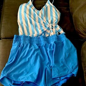 Blue and White Striped Bathing suit with Blue Shorts